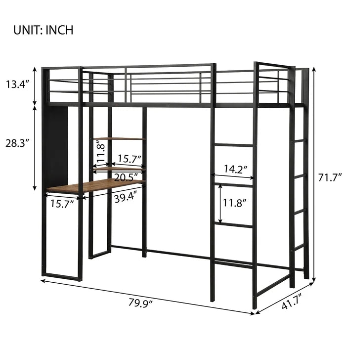 Twin Metal Loft Bed with Shelves and Built-in-Desk, Black