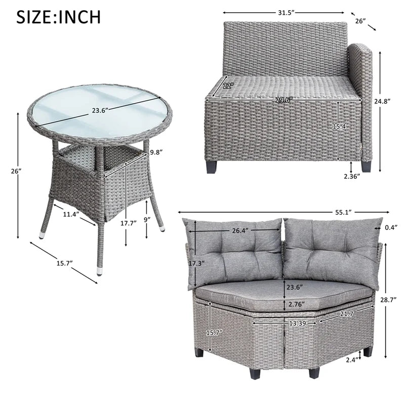 4Pcs Resin Wicker Patio Furniture Set with Round Table, Gray Cushions