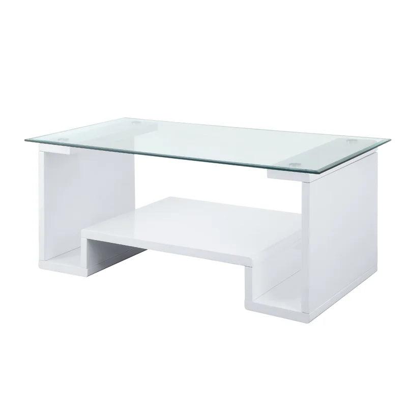 Clear Glass Coffee Table, White High Gloss Finish