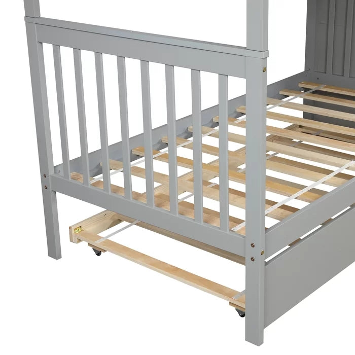 Twin over Twin Bunk Bed with Trundle and Storage Shelf, Gray