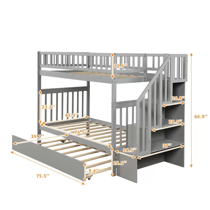 Twin over Twin Bunk Bed with Trundle and Storage Shelf, Gray