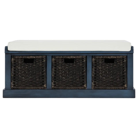 Rustic Storage Bench with 3 Rattan Basket, Antique Navy