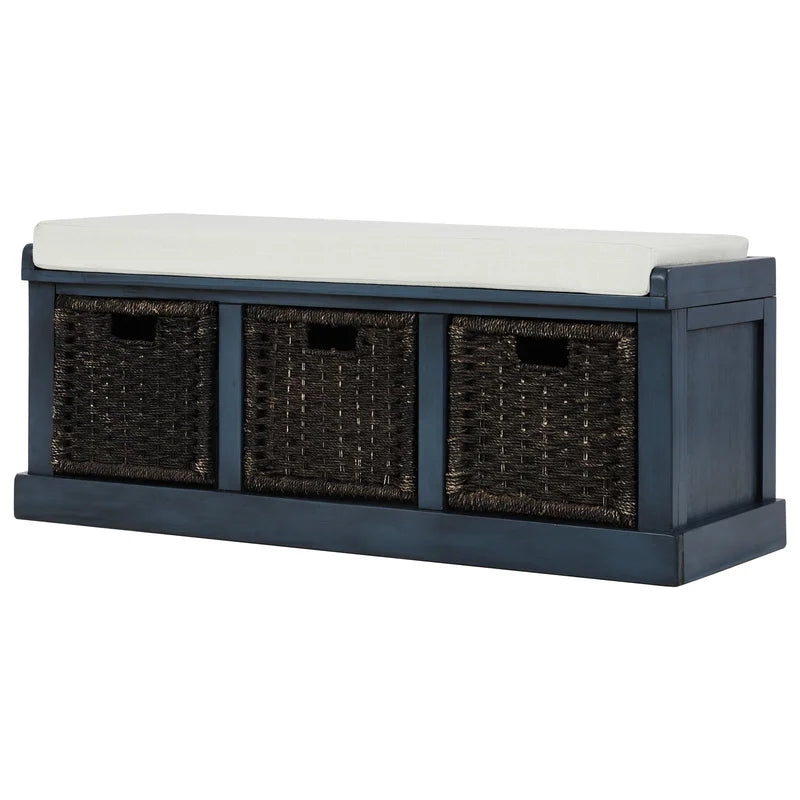 Rustic Storage Bench with 3 Rattan Basket, Antique Navy