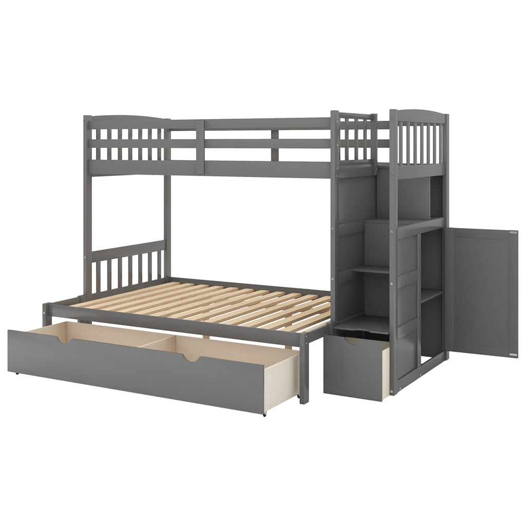 Twin over Full/Twin Bunk Bed with Storage Stairs and Drawers and Cabinet