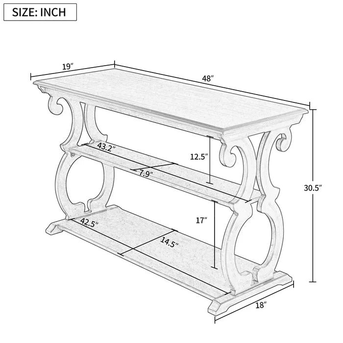 48inch Console Table with 3-Tier Open Storage Shelf, Black