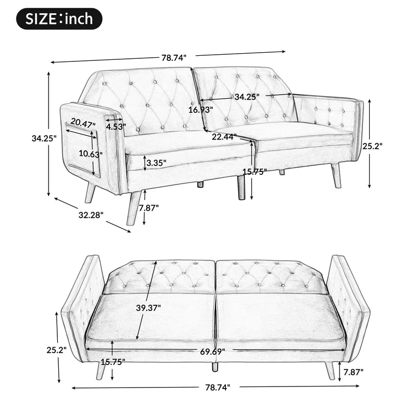 Velvet Upholstered Sofa Bed Convertible Folding Futon Lounge Couch