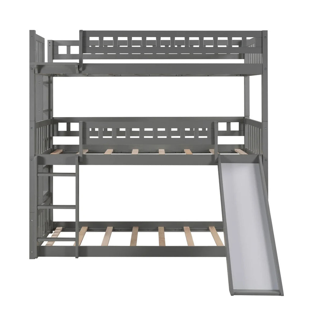 Twin-Over-Twin Triple Bed with Built-in Ladder and Slide, Gray