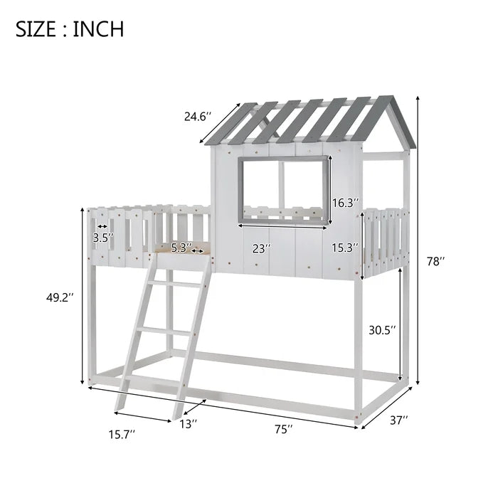 Rustic House Bunk Bed with Fence-Shaped Guardrail, White