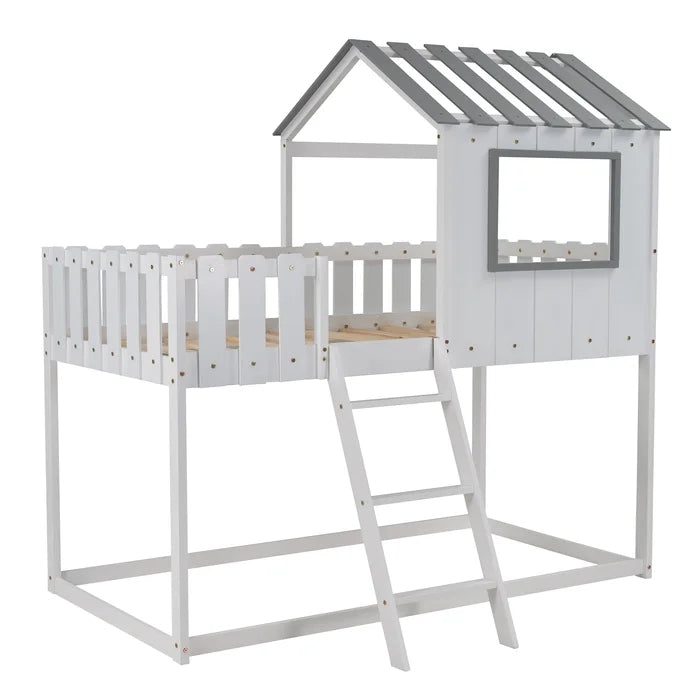Rustic House Bunk Bed with Fence-Shaped Guardrail, White