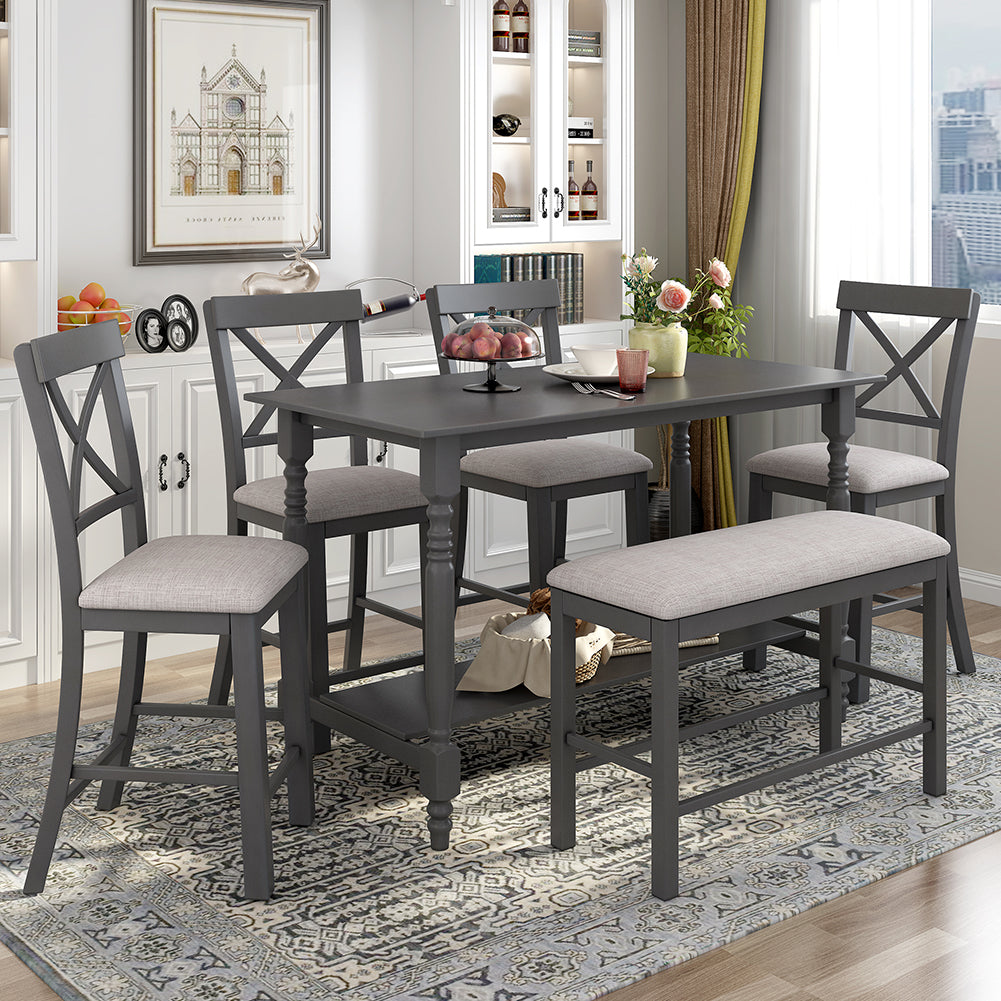 Dining Table Set with Upholstered Counter Height Chairs and Bench