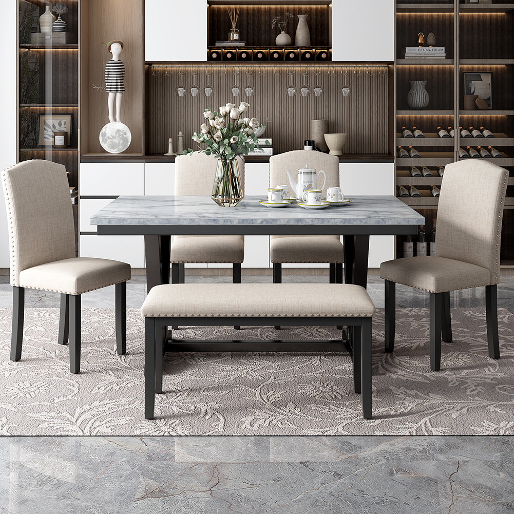 Dining Table Set with Upholstered Chairs and Bench