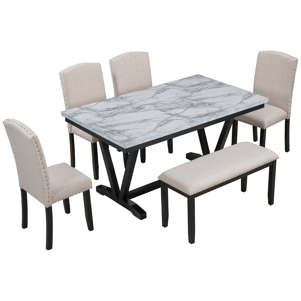 Dining Table Set with Upholstered Chairs and Bench