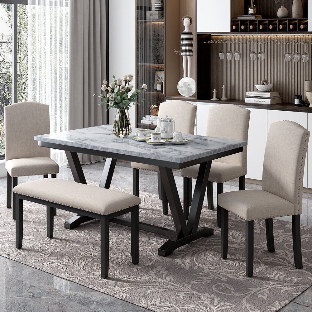 Dining Table Set with Upholstered Chairs and Bench