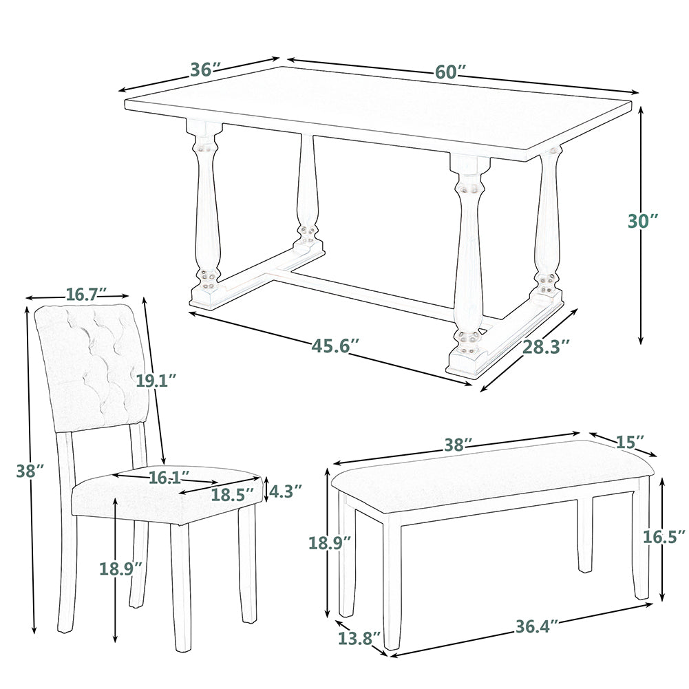 Dining Table Set with Upholstered Chairs and Bench