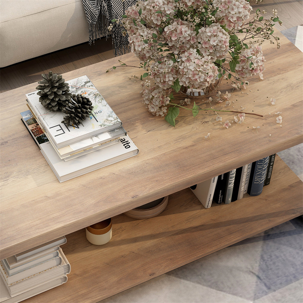 Rustic Wooden Coffee Table with Open Shelf, Walnut