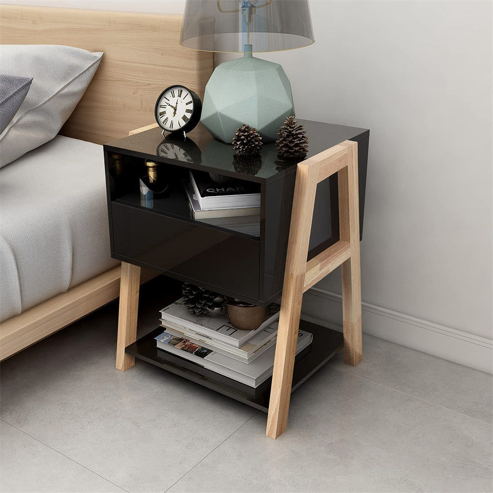 Bedside Table with Storage Drawer and 2 Open Shelves