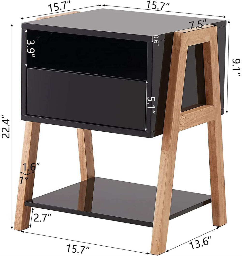 Bedside Table with Storage Drawer and 2 Open Shelves