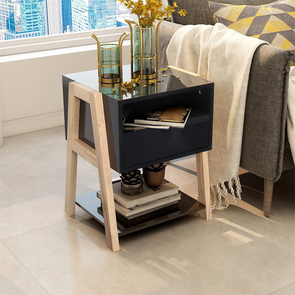 Bedside Table with Storage Drawer and 2 Open Shelves