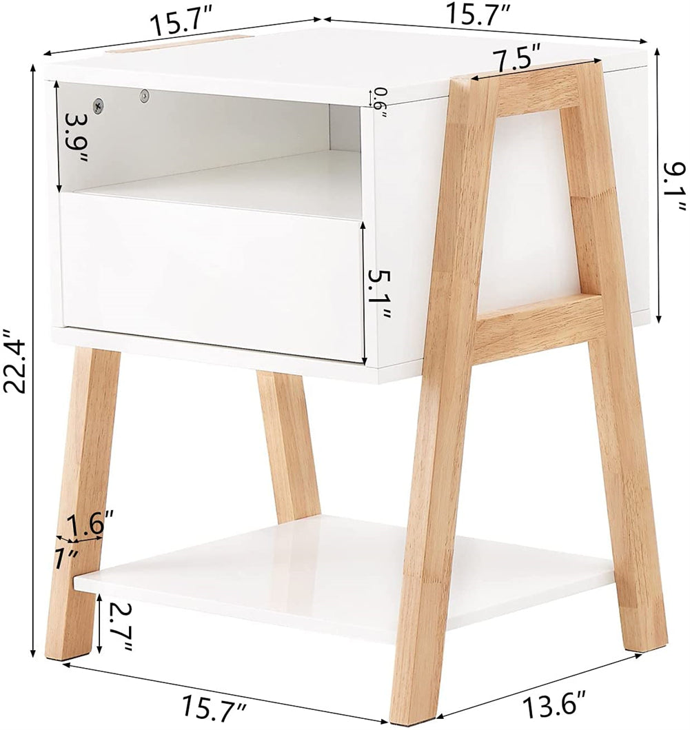 Bedside Table with Storage Drawer and 2 Open Shelves