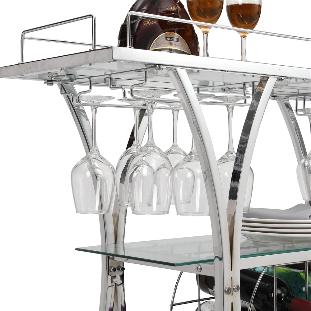 Chrome Bar Cart with Wine Rack and Glass Holder and Wheels, Silver