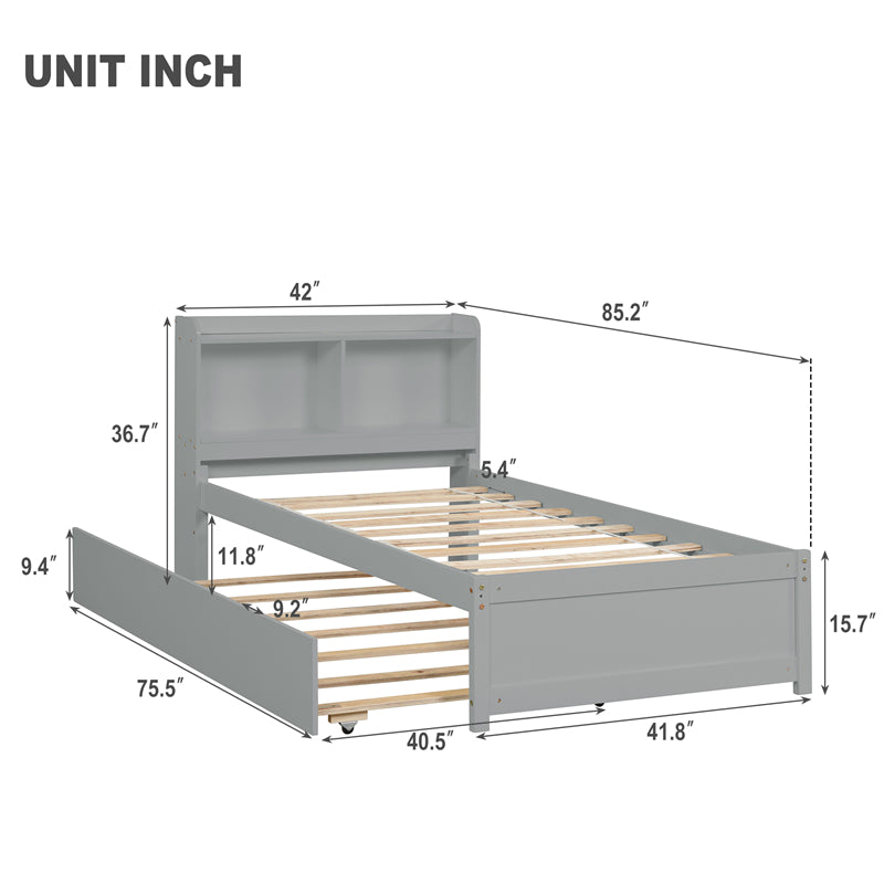 Twin Platform Bed with Trundle and Bookcase Headboard