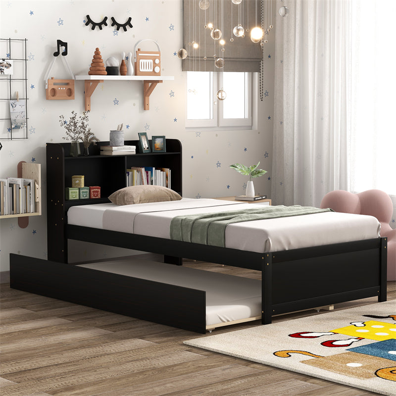 Twin Platform Bed with Trundle and Bookcase Headboard