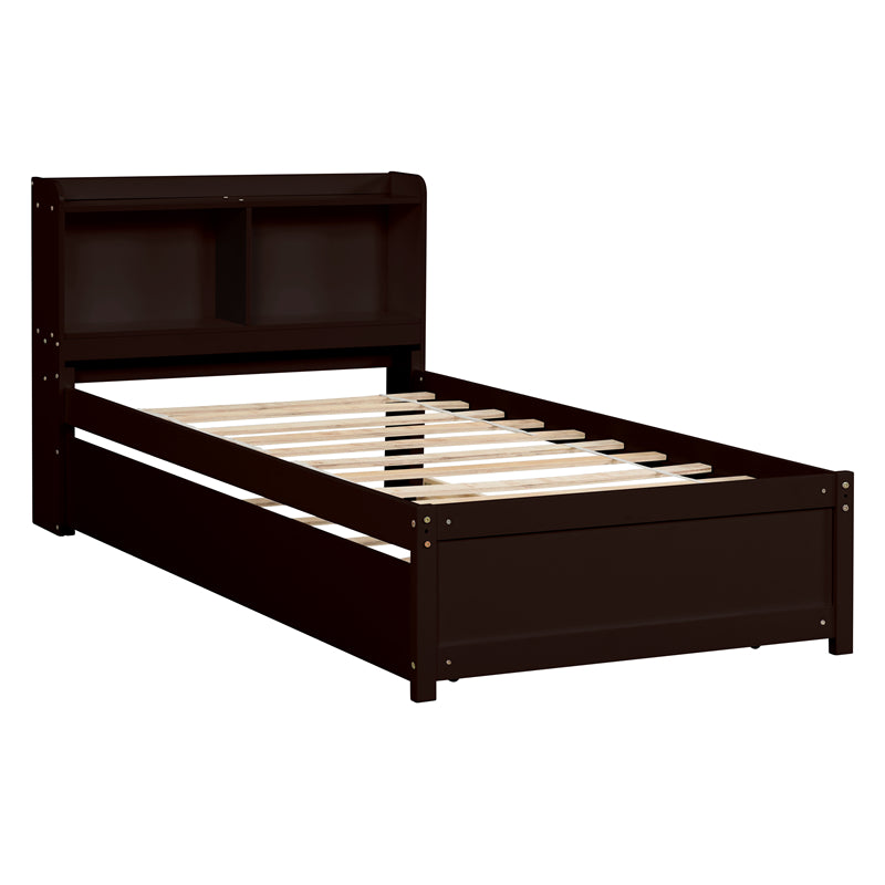 Twin Platform Bed with Trundle and Bookcase Headboard