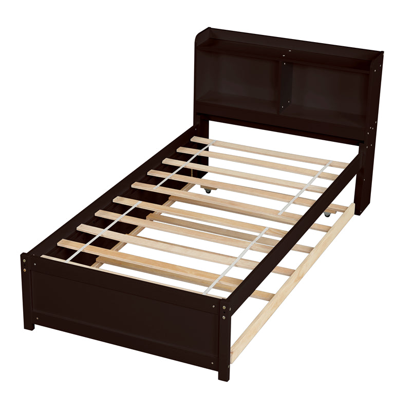 Twin Platform Bed with Trundle and Bookcase Headboard