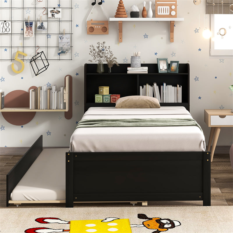 Twin Platform Bed with Trundle and Bookcase Headboard