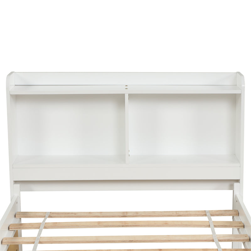 Twin Size Platform Bed with Trundle and Bookcase, White