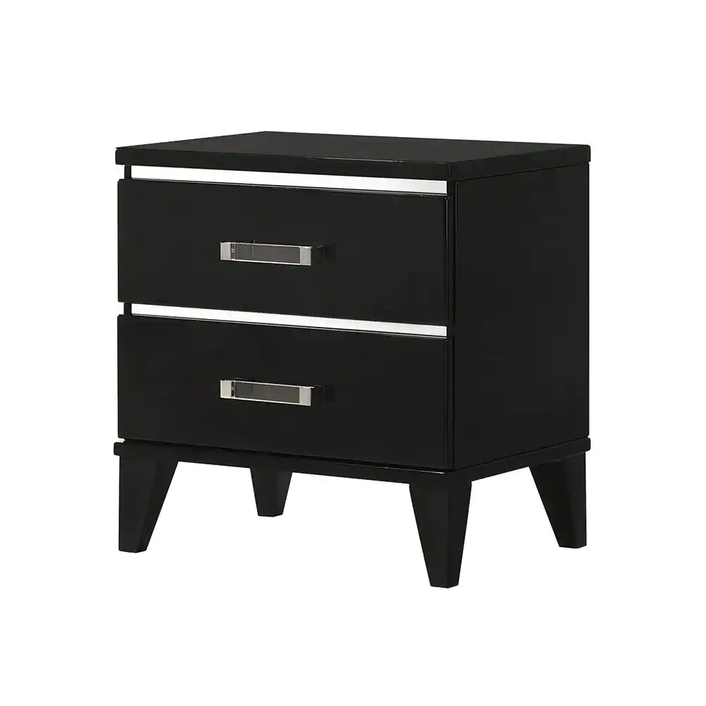 Wood Bedside Table with Drawers, Black Finish