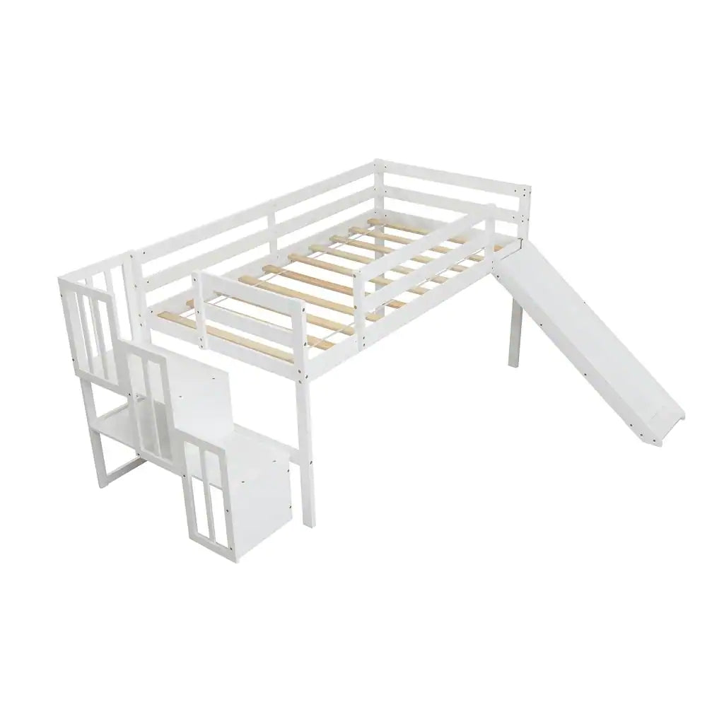 Twin Size Loft Bed with Staircase and Slide, White