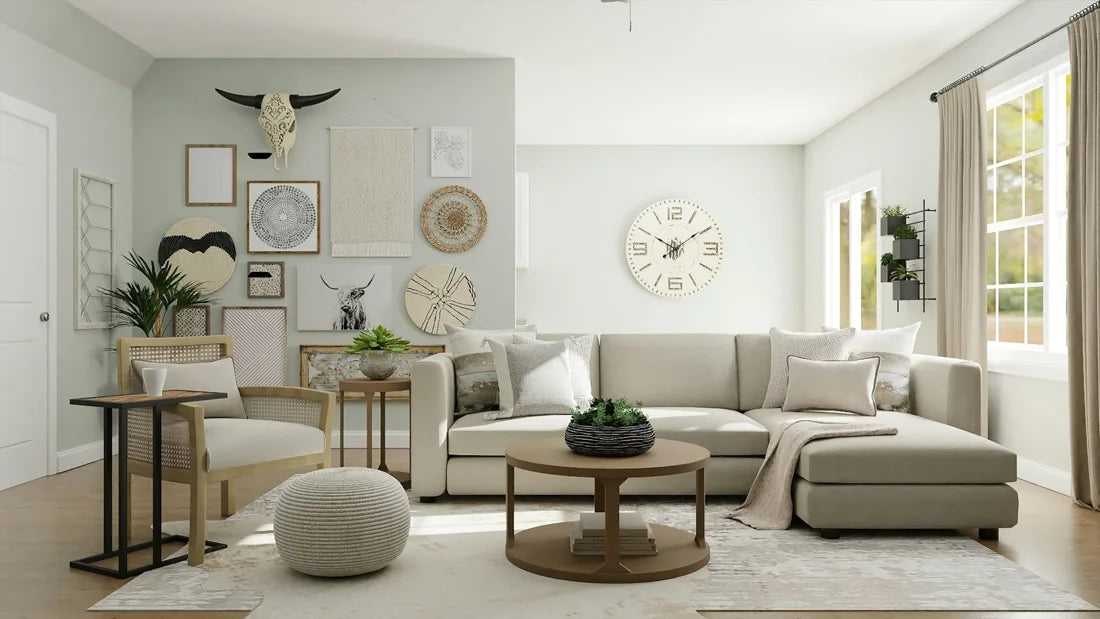 Warm living room with cream sofas and round wooden tables